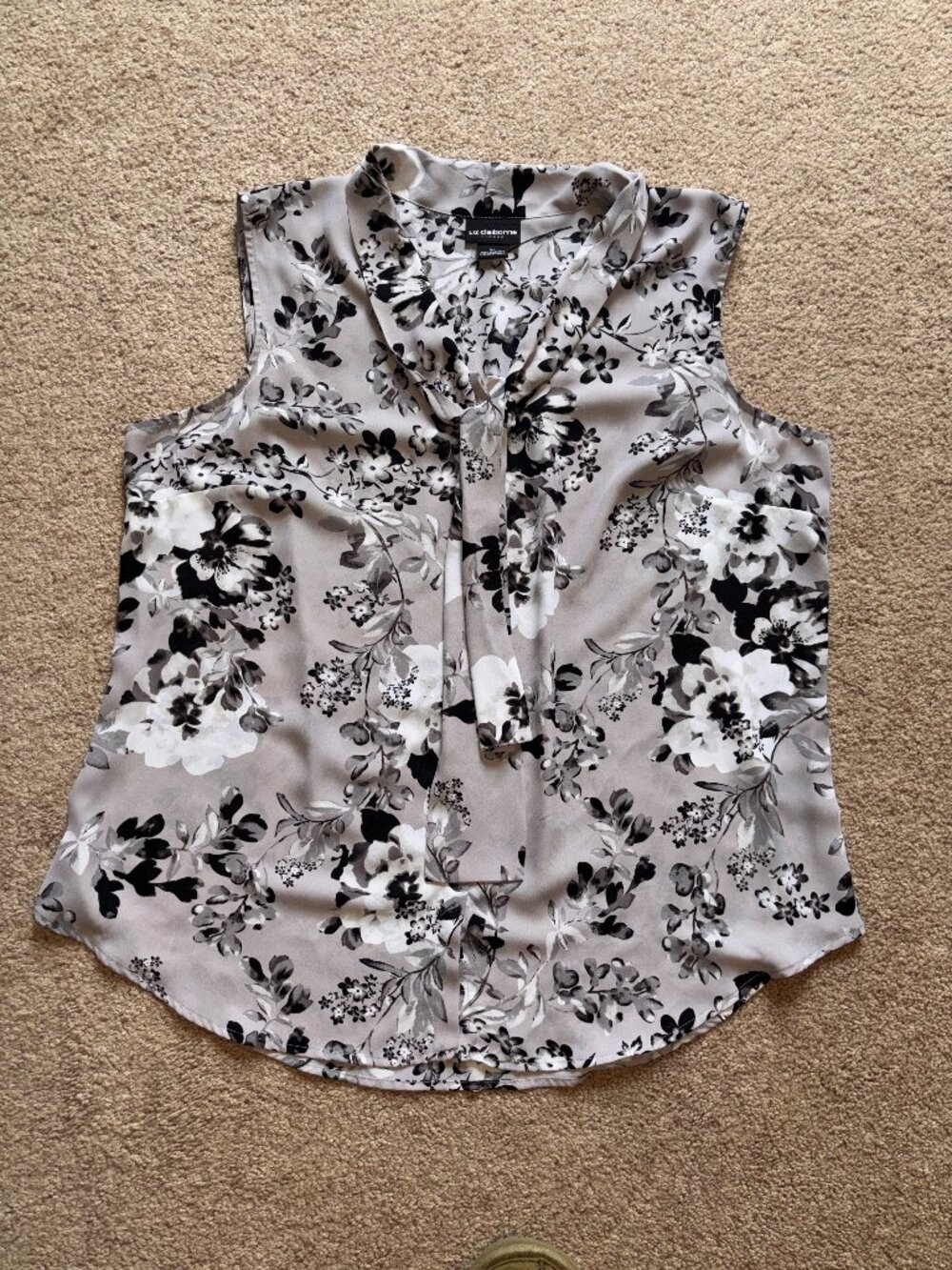 NWOT Liz Claiborne Gray Black White Floral Tie Neck Sleeveless Career Top XL